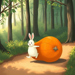 In a delightful morning scene along a forest path, a small white rabbit is cheerfully pushing a large pumpkin that rolls forward like a wheel