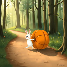 In a delightful morning scene along a forest path, a small white rabbit is cheerfully pushing a large pumpkin that rolls forward like a wheel