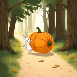 In a delightful morning scene along a forest path, a small white rabbit is cheerfully pushing a large pumpkin that rolls forward like a wheel