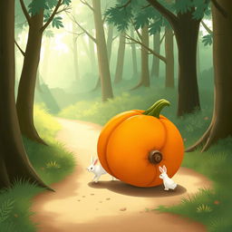 In a charming morning scene on a forest path, a small white rabbit is positioned behind a large pumpkin that rolls forward like a wheel