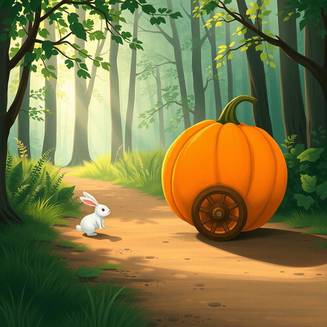 In a charming morning scene on a forest path, a small white rabbit is positioned behind a large pumpkin that rolls forward like a wheel