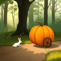 In a charming morning scene on a forest path, a small white rabbit is positioned behind a large pumpkin that rolls forward like a wheel