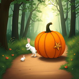 In a charming morning scene on a forest path, a small white rabbit is positioned behind a large pumpkin that rolls forward like a wheel
