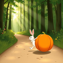 In a beautiful morning scene on a forest path, a small white rabbit is energetically pushing a large pumpkin that rolls forward like a wheel