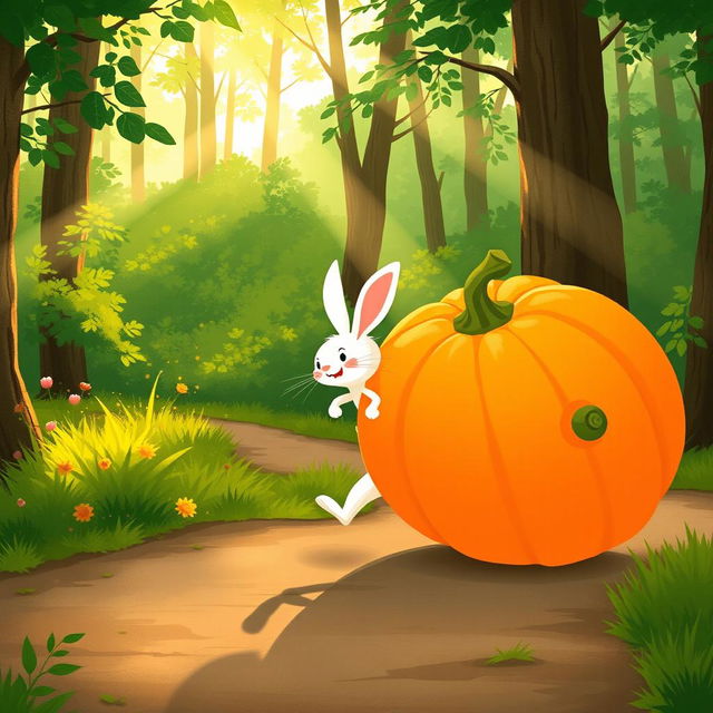 In a beautiful morning scene on a forest path, a small white rabbit is energetically pushing a large pumpkin that rolls forward like a wheel