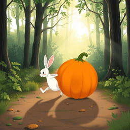 In a beautiful morning scene on a forest path, a small white rabbit is energetically pushing a large pumpkin that rolls forward like a wheel