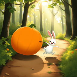 In a beautiful morning scene on a forest path, a small white rabbit is energetically pushing a large pumpkin that rolls forward like a wheel