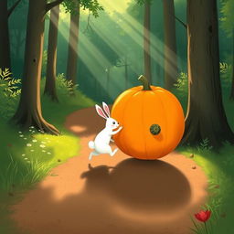 In a serene morning scene on a forest path, a small white rabbit is energetically pushing a large pumpkin that rolls forward like a wheel