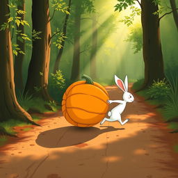 In a serene morning scene on a forest path, a small white rabbit is energetically pushing a large pumpkin that rolls forward like a wheel