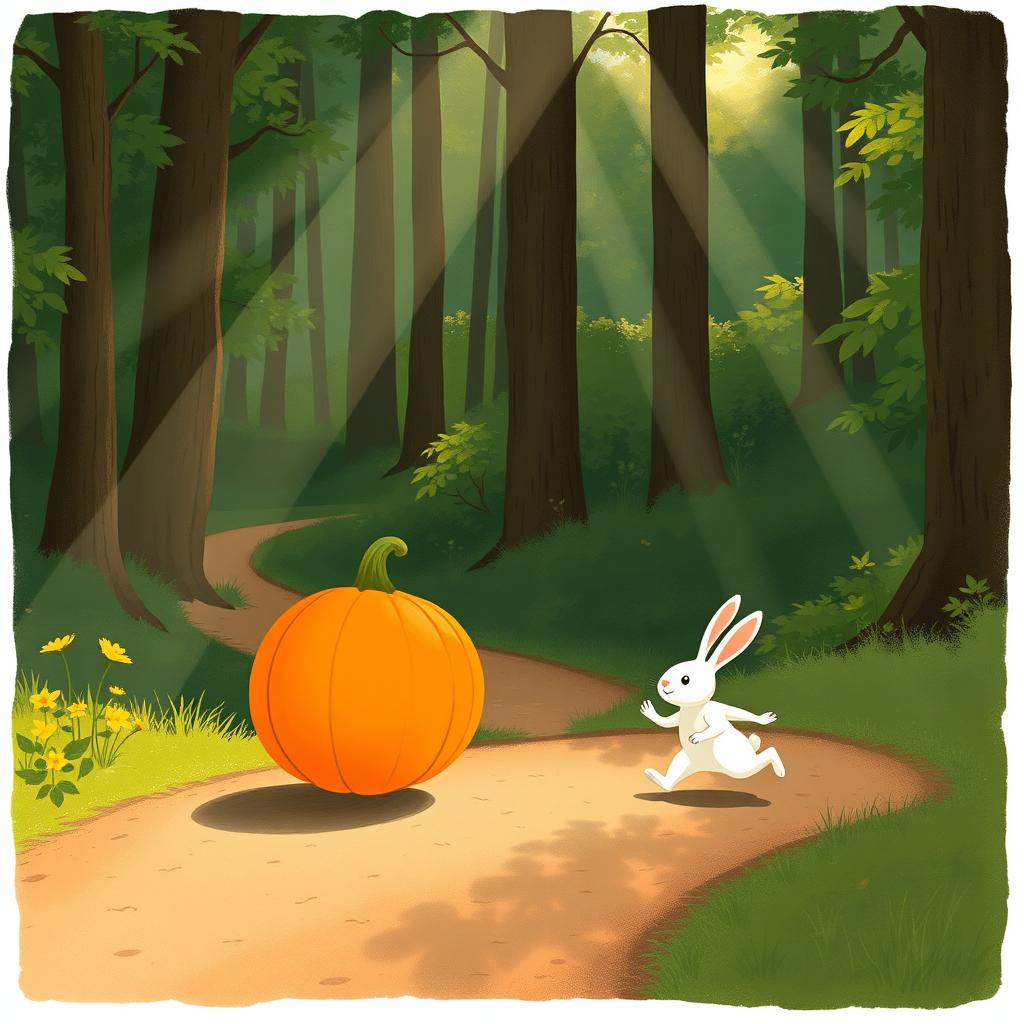 In a serene morning scene on a forest path, a small white rabbit is energetically pushing a large pumpkin that rolls forward like a wheel