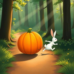 In a serene morning scene on a forest path, a small white rabbit is energetically pushing a large pumpkin that rolls forward like a wheel
