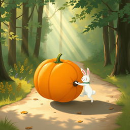 In a lovely morning scene along a forest path, a small white rabbit is joyfully pushing a large pumpkin that rolls forward like a wheel