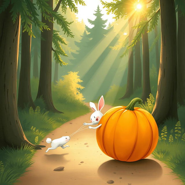 In a lovely morning scene along a forest path, a small white rabbit is joyfully pushing a large pumpkin that rolls forward like a wheel