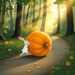 In a lovely morning scene along a forest path, a small white rabbit is joyfully pushing a large pumpkin that rolls forward like a wheel
