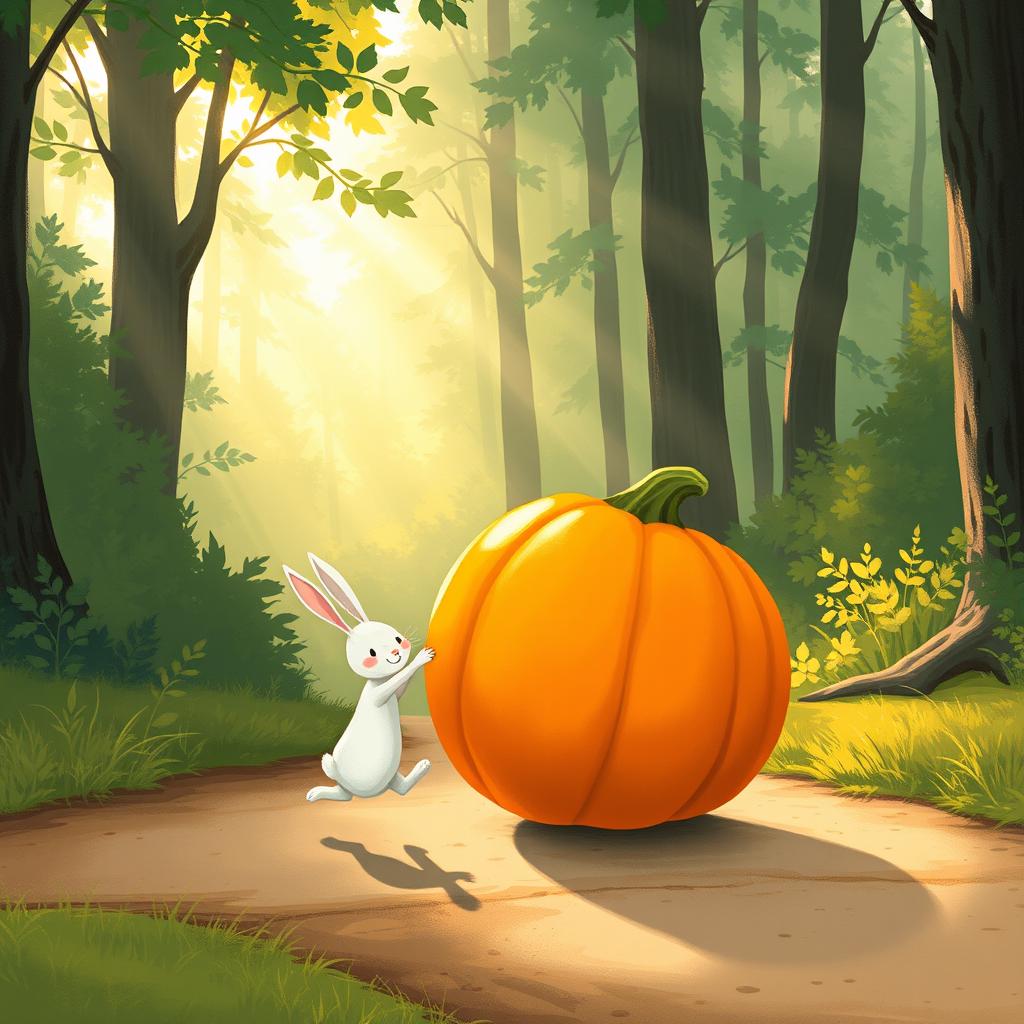 In a lovely morning scene along a forest path, a small white rabbit is joyfully pushing a large pumpkin that rolls forward like a wheel