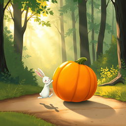 In a lovely morning scene along a forest path, a small white rabbit is joyfully pushing a large pumpkin that rolls forward like a wheel