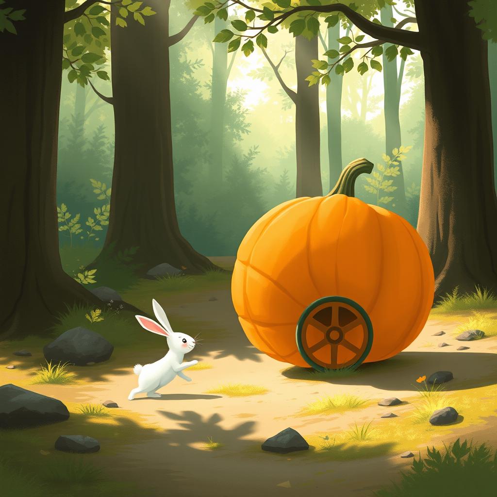 In a delightful morning setting along a forest path, a small white rabbit is playfully pushing a large pumpkin that rolls forward like a wheel