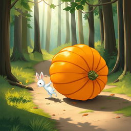 In a delightful morning setting along a forest path, a small white rabbit is playfully pushing a large pumpkin that rolls forward like a wheel