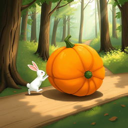 In a delightful morning setting along a forest path, a small white rabbit is playfully pushing a large pumpkin that rolls forward like a wheel