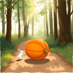 In a delightful morning setting along a forest path, a small white rabbit is playfully pushing a large pumpkin that rolls forward like a wheel