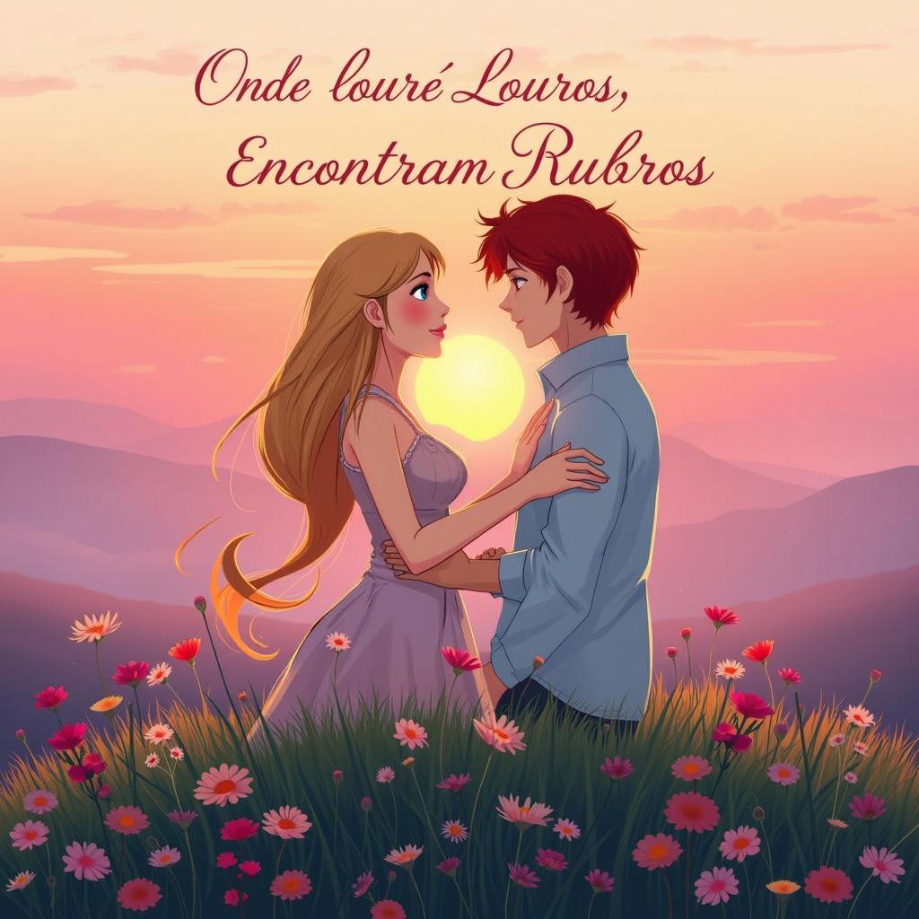 A romantic sunset scene featuring a couple standing together in a field of wildflowers