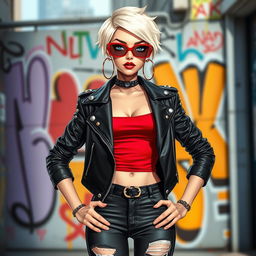 A stylish female character with an edgy urban vibe, wearing a high-fashion outfit that features a sleek black leather jacket adorned with silver studs, a vibrant red tank top, and fitted ripped jeans