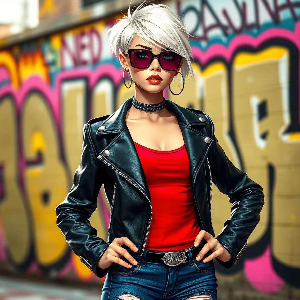 A stylish female character with an edgy urban vibe, wearing a high-fashion outfit that features a sleek black leather jacket adorned with silver studs, a vibrant red tank top, and fitted ripped jeans