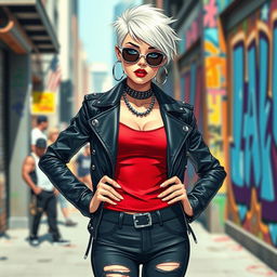 A stylish female character with an edgy urban vibe, wearing a high-fashion outfit that features a sleek black leather jacket adorned with silver studs, a vibrant red tank top, and fitted ripped jeans