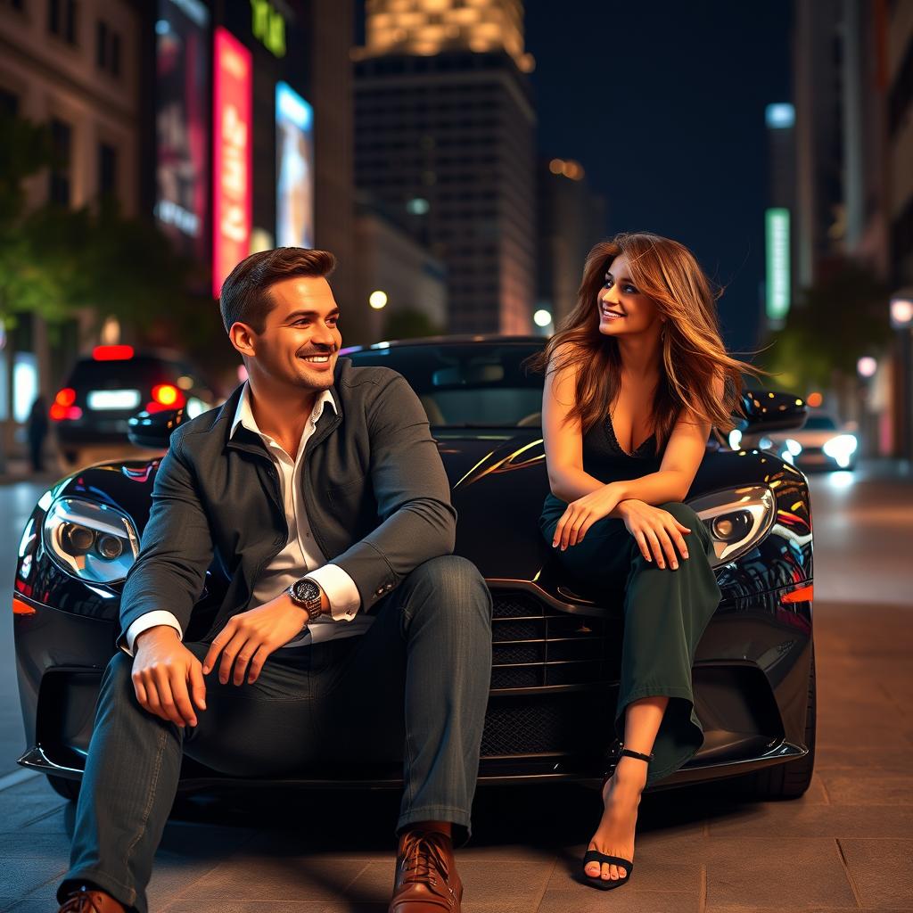 A handsome and humorous man casually sitting in front of a sleek black Aston Martin DBS Superleggera, exuding charm and confidence with a playful grin