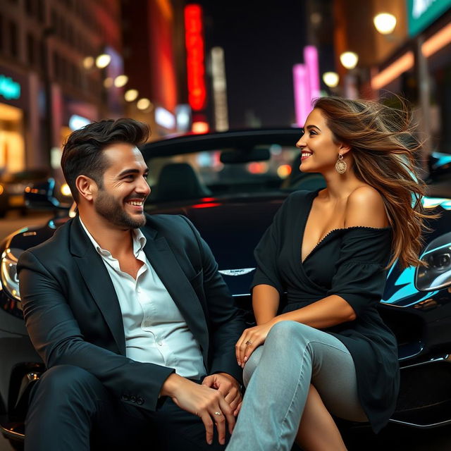 A handsome and humorous man casually sitting in front of a sleek black Aston Martin DBS Superleggera, exuding charm and confidence with a playful grin