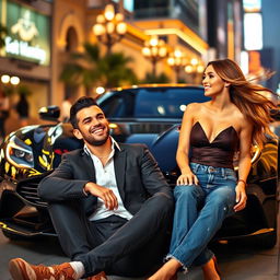 A handsome and humorous man casually sitting in front of a sleek black Aston Martin DBS Superleggera, exuding charm and confidence with a playful grin