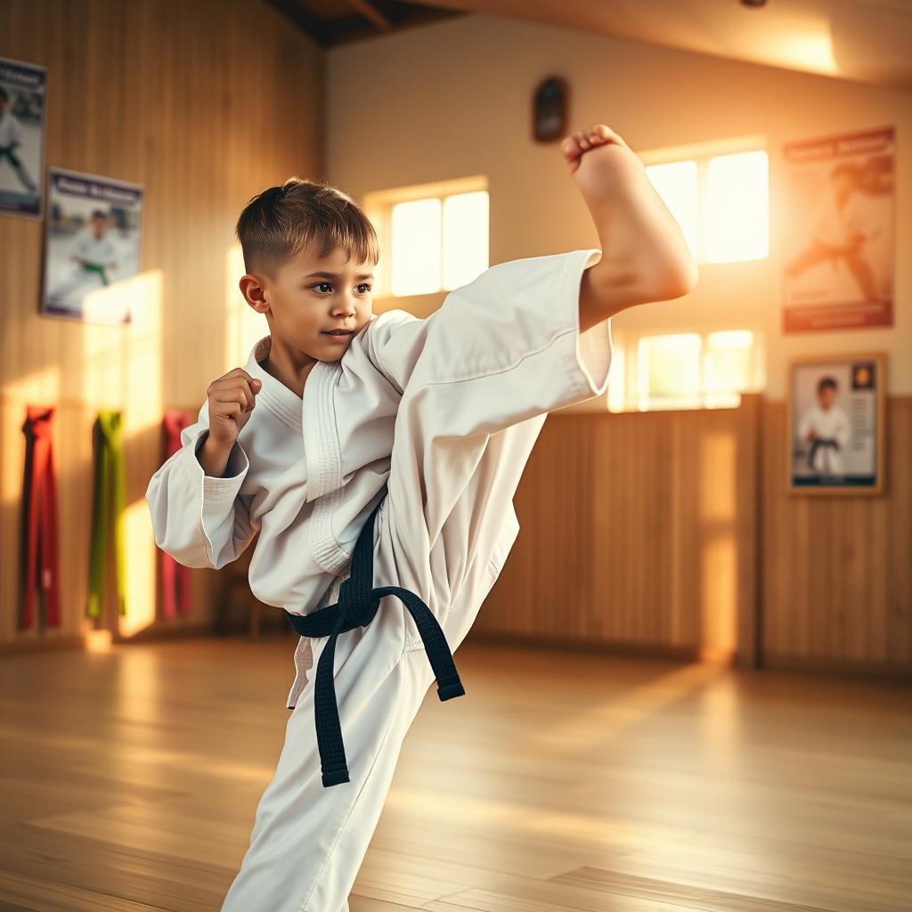 An 8-year-old child in a traditional karate uniform, performing a powerful high kick in a dojo