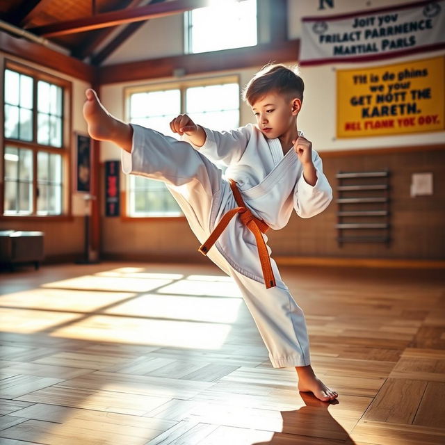 A talented 8-year-old karate practitioner demonstrating a high-kicking stance in a traditional martial arts dojo