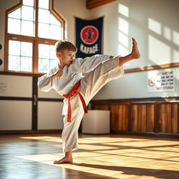 A talented 8-year-old karate practitioner demonstrating a high-kicking stance in a traditional martial arts dojo