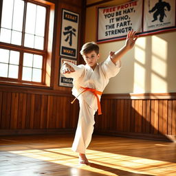 A talented 8-year-old karate practitioner demonstrating a high-kicking stance in a traditional martial arts dojo