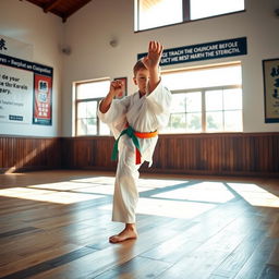 A talented 8-year-old karate practitioner demonstrating a high-kicking stance in a traditional martial arts dojo