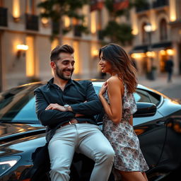 A handsome and humorous man casually leaning against a sleek black Aston Martin DBS Superleggera, emanating a relaxed charm with a playful smile