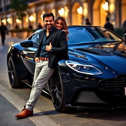 A handsome and humorous man casually leaning against a sleek black Aston Martin DBS Superleggera, emanating a relaxed charm with a playful smile