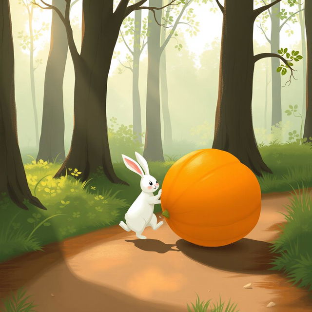 In a tranquil morning atmosphere on a forest path, a small white rabbit is happily pushing a large pumpkin that is positioned sideways, rolling forward like a ball