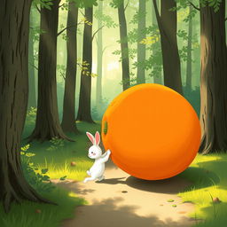 In a tranquil morning atmosphere on a forest path, a small white rabbit is happily pushing a large pumpkin that is positioned sideways, rolling forward like a ball
