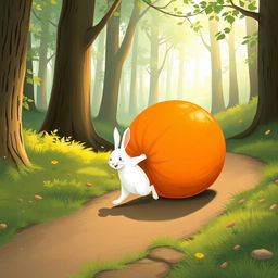 In a tranquil morning atmosphere on a forest path, a small white rabbit is happily pushing a large pumpkin that is positioned sideways, rolling forward like a ball