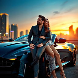 A handsome and humorous man casually leaning against a sleek black Aston Martin DBS Superleggera, exuding charm and confidence with a witty smile