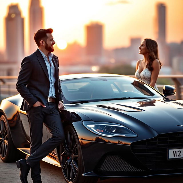 A handsome and humorous man casually leaning against a sleek black Aston Martin DBS Superleggera, exuding charm and confidence with a witty smile