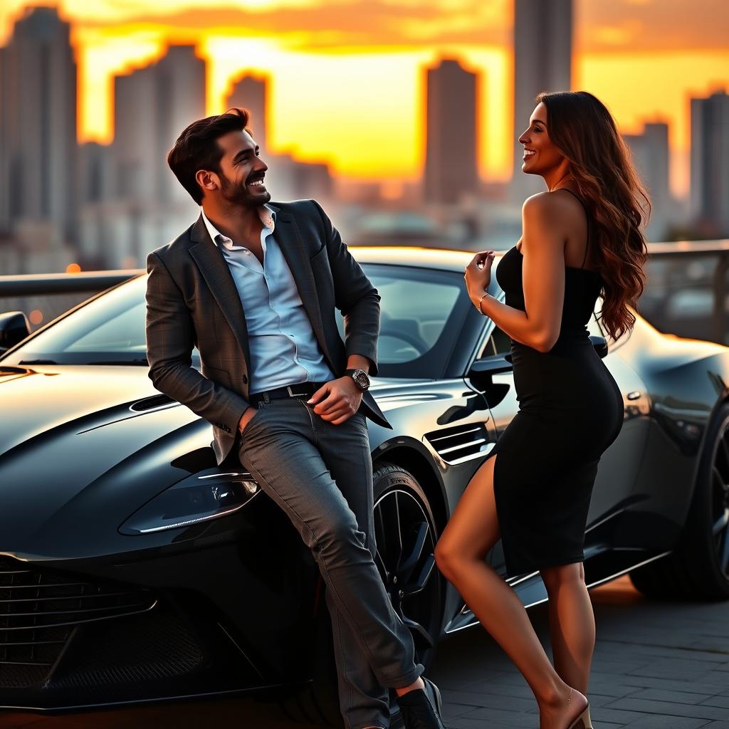 A handsome and humorous man casually leaning against a sleek black Aston Martin DBS Superleggera, exuding charm and confidence with a witty smile