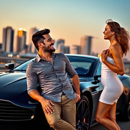 A handsome and humorous man casually leaning against a sleek black Aston Martin DBS Superleggera, exuding charm and confidence with a witty smile