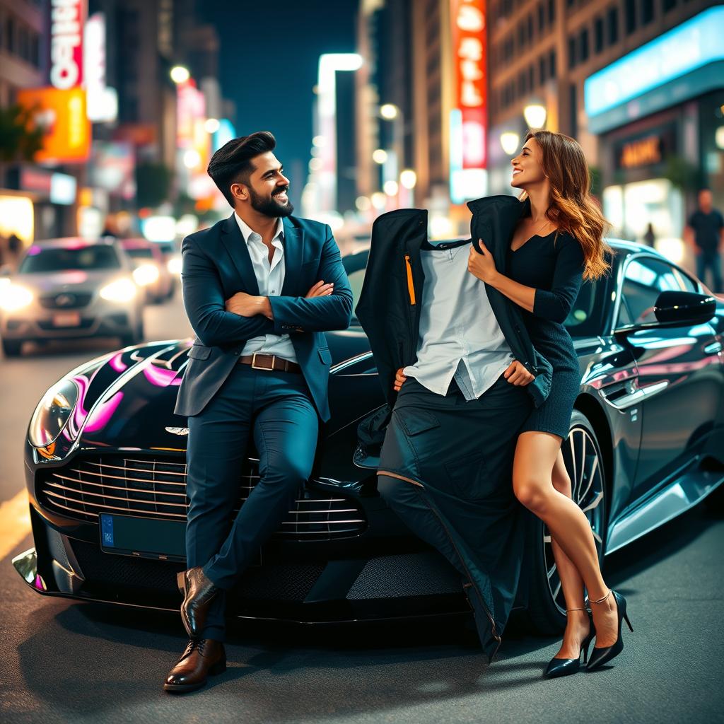 A handsome and humorous man leaning casually against a striking black Aston Martin DBS Superleggera, with a confident and charming demeanor