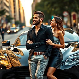 A handsome and humorous man leaning casually against a striking black Aston Martin DBS Superleggera, with a confident and charming demeanor