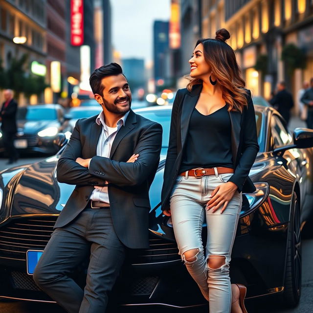 A handsome and humorous man leaning casually against a striking black Aston Martin DBS Superleggera, with a confident and charming demeanor