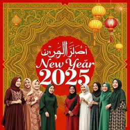 A vibrant and festive poster celebrating the New Year 2025 from a Muslim clothing brand