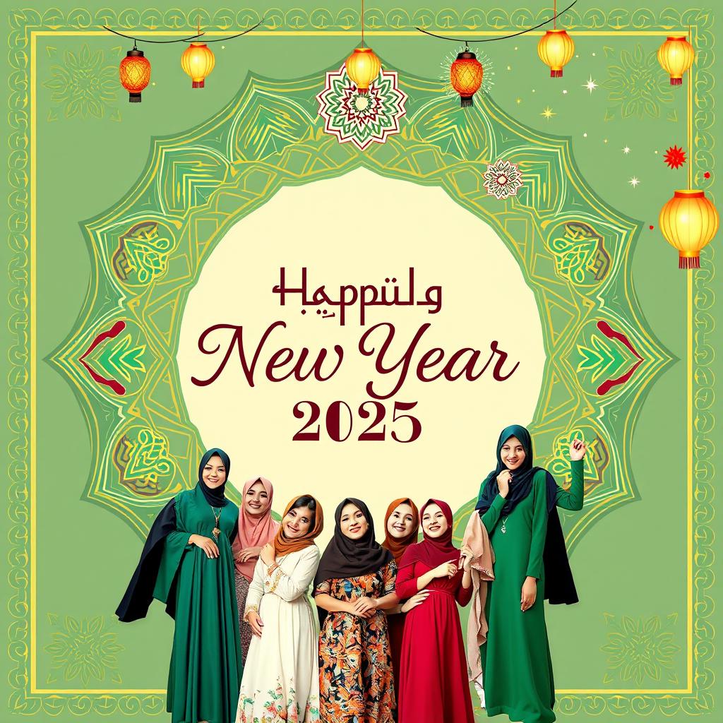 A vibrant and festive poster celebrating the New Year 2025 from a Muslim clothing brand